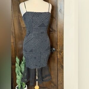 Vintage Olive Tree dress Size M midi body-con peplum trim skirt black sparkly